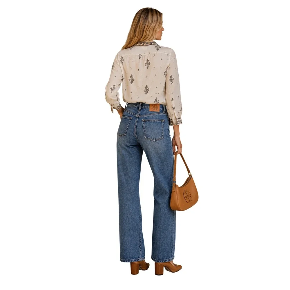 Tory Burch Button Fly Straight Leg Jeans Blue Wash Women's Size 25
